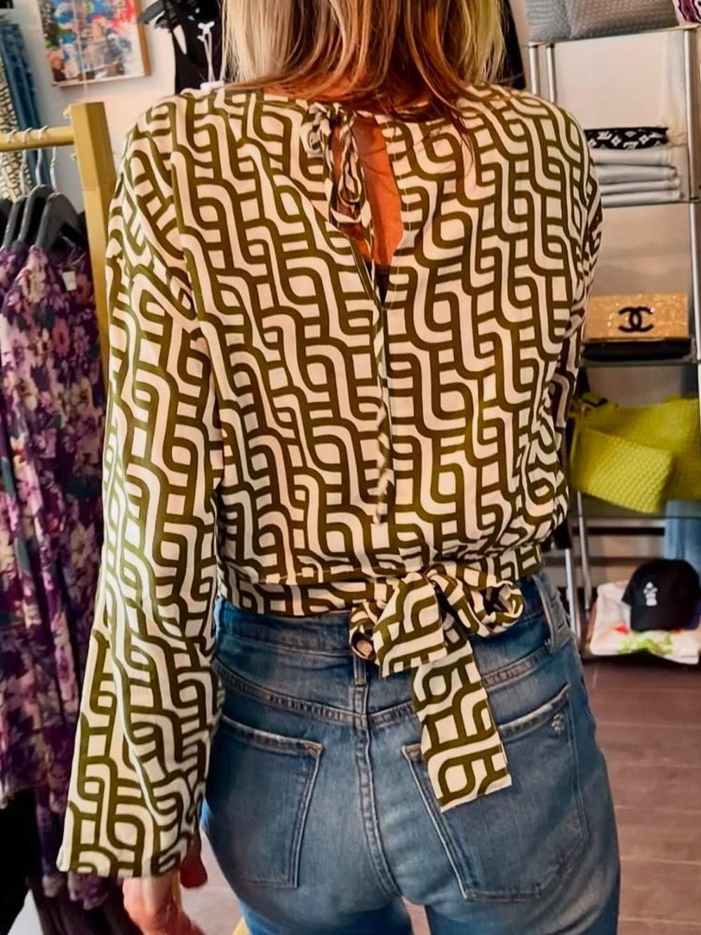 Deluc Olive & White Geometric Long-Sleeve Top